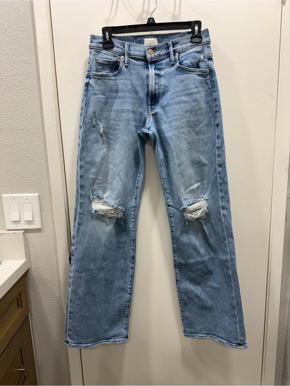 Mother Mid Maven Rise Sneak Light Blue Distressed Jeans Peak-a-boo Size 27